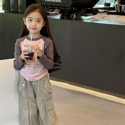 女童长袖t恤e2024新款童装女孩修身打底衫儿童短款辣妹拼色上衣