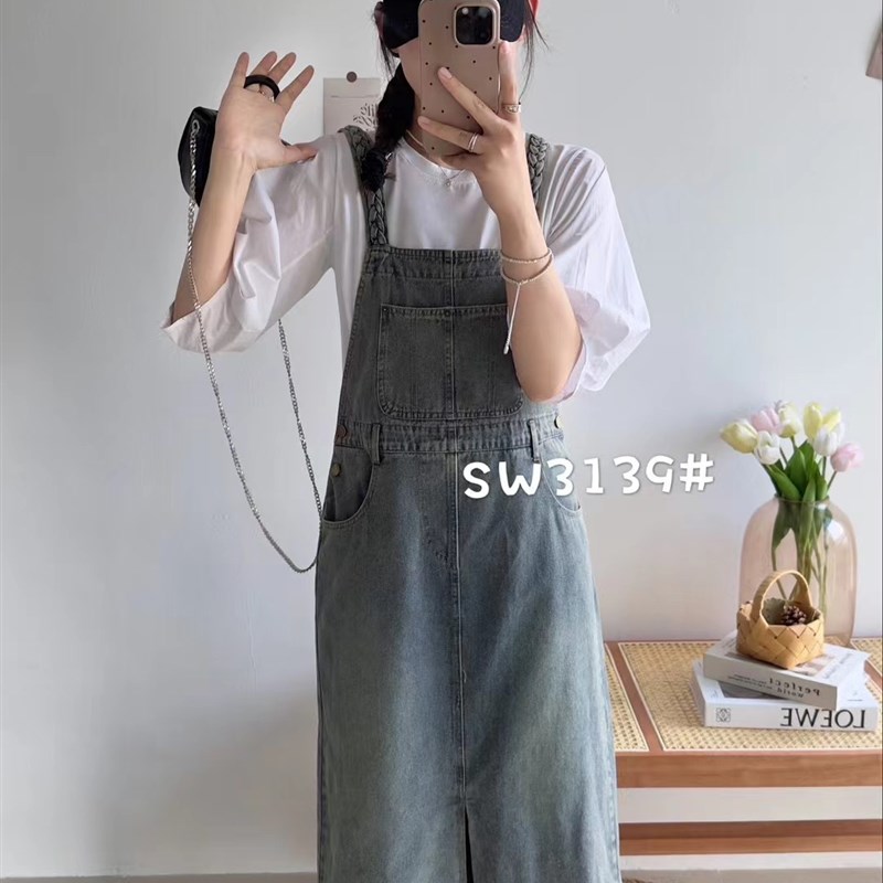 3139美式复古牛仔背带裙女春2024新款长袖T恤连衣裙两件套长裙夏