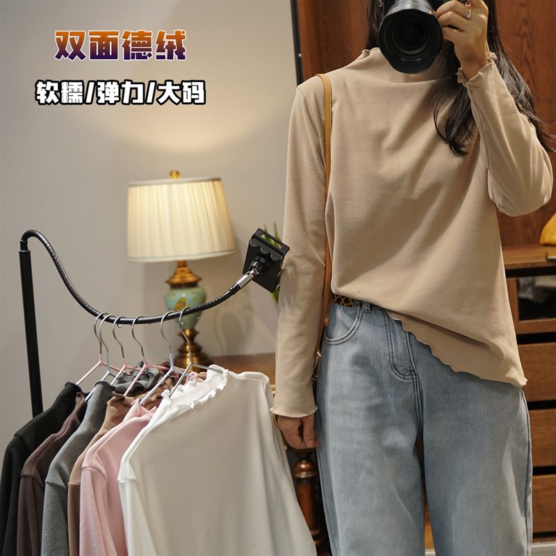 大尺码半高领打底衫女秋冬20w0斤胖mm显瘦花边德绒加厚保暖长袖上