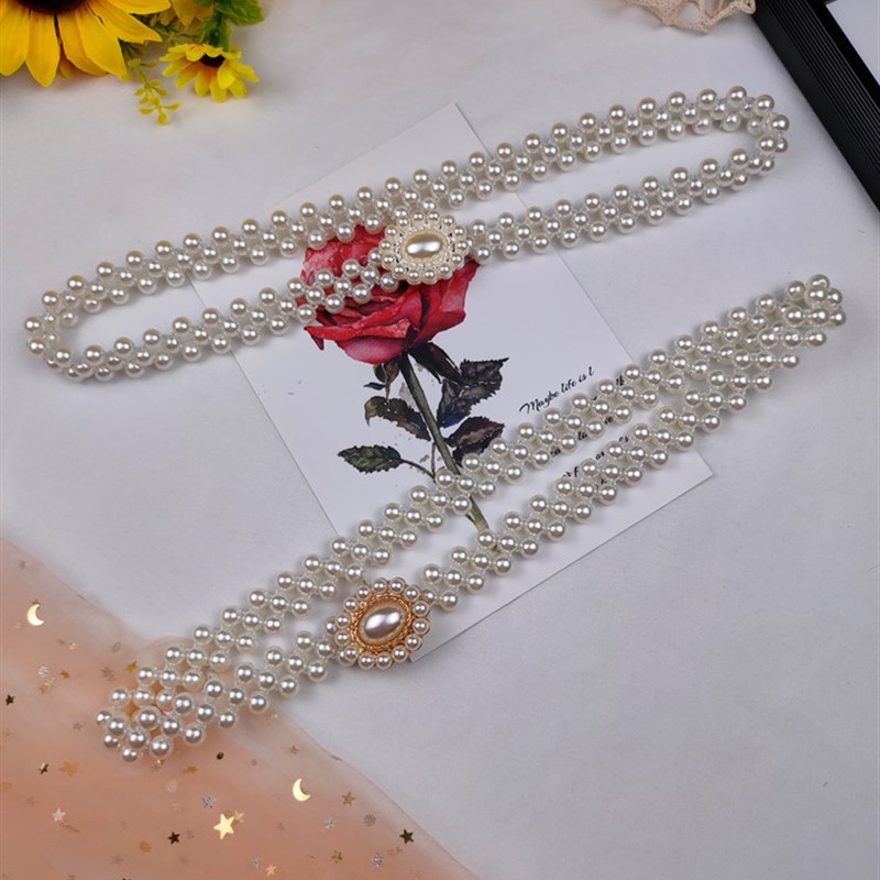 韩国新款珍珠腰带女时尚百搭弹A力松紧串珠细腰链装饰配裙子连衣