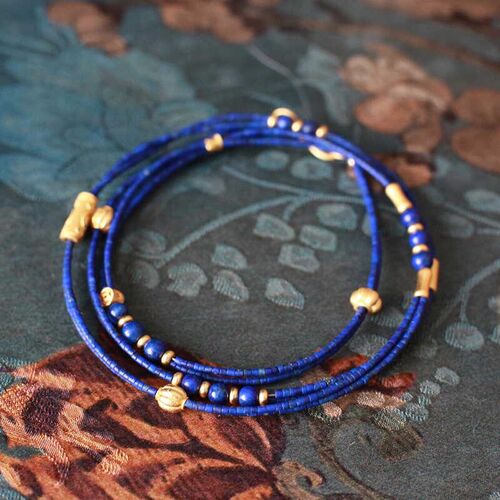 天然原矿青金石1mm极细小颗粒多圈手链古法金新中式锁骨链气质女