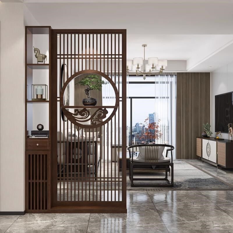 新中式屏风隔断客厅遮挡入户玄关柜子置物架约实木镂空栅栏