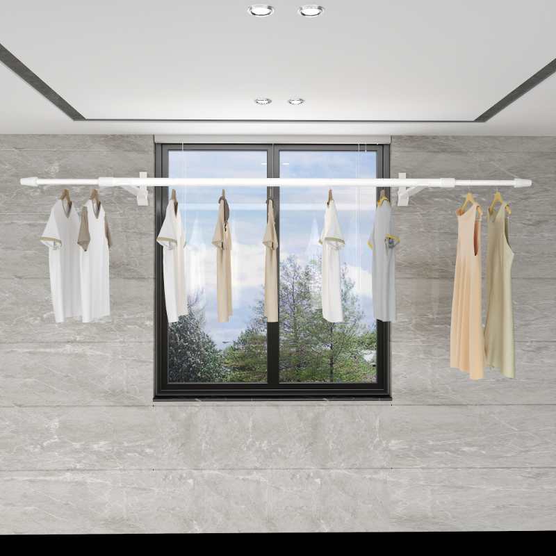 室内隐形晾d衣架窗户晾晒可伸缩折叠晾衣杆免打孔白色撑杆多用途