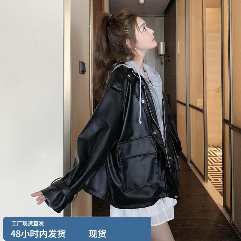 甜酷假两件皮衣外套女春秋2024新款宽松休闲连帽机车服YPU夹克上