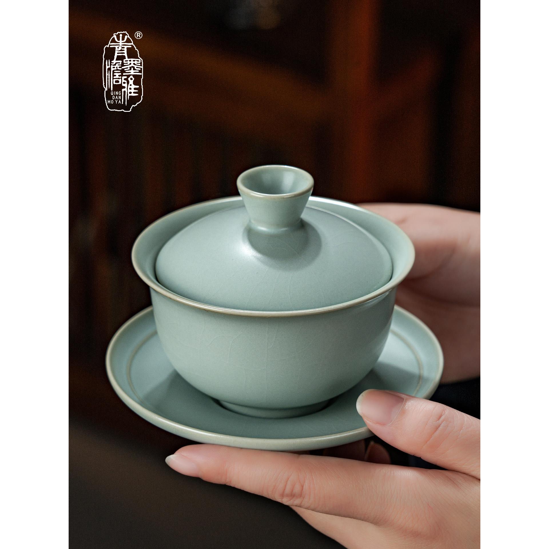 汝窑盖碗茶杯单个大号泡茶碗三才杯冰裂釉景德镇汝瓷手工陶瓷茶具