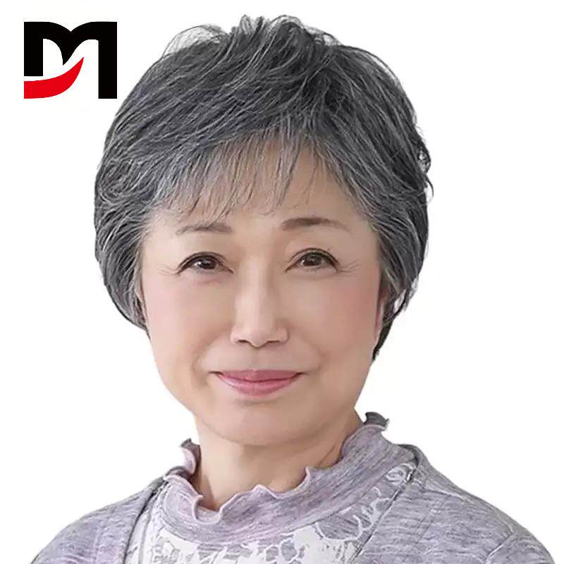 中老年假发女短发妈妈款真头发透气 女士花白色奶奶假发套全真发