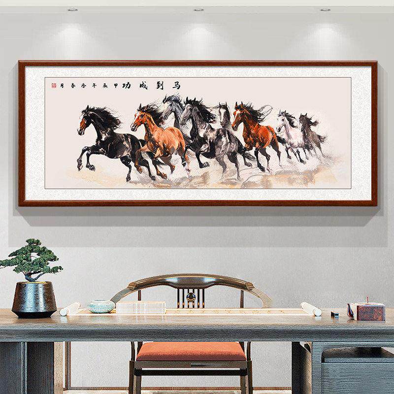 马到成功中式新八骏图客厅背景墙办公室宣纸挂画国画