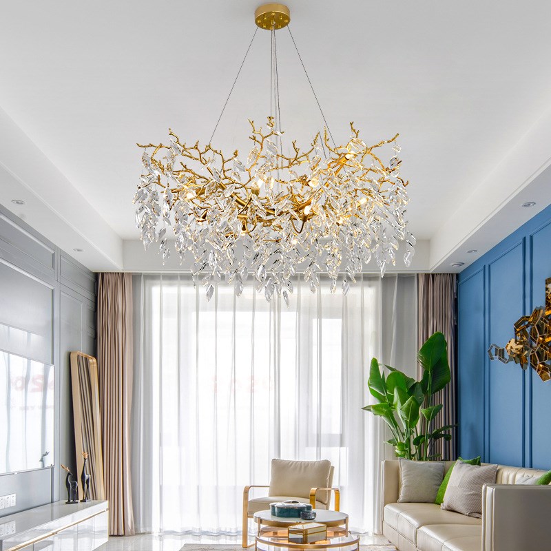 轻奢客厅吊灯餐厅水晶灯复u古卧室树枝灯欧式奢华圆形吊线灯全铜