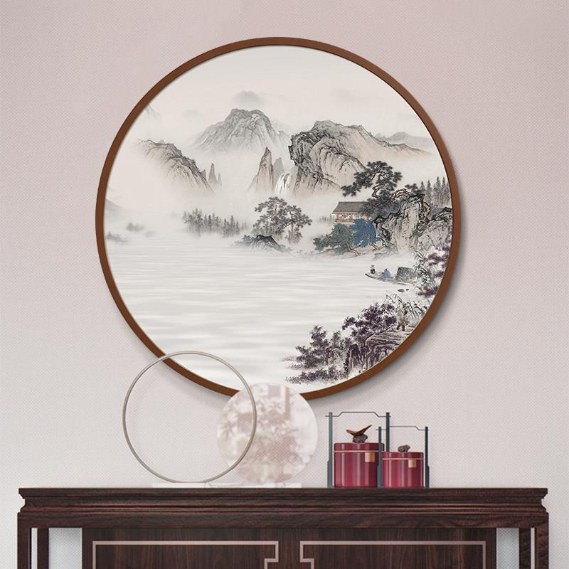 新中式圆形木框玄关背景墙装饰画入户挂画对门背景山水画轻奢灯画