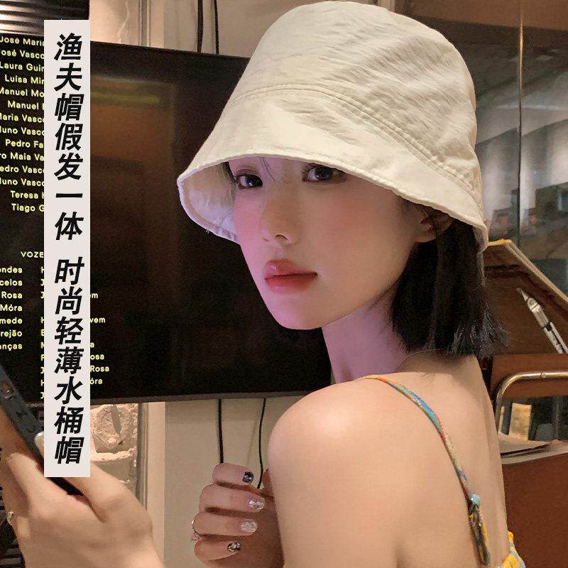 帽子假发一体式女白色水桶渔夫帽短直发假发一体防晒遮阳帽子假发