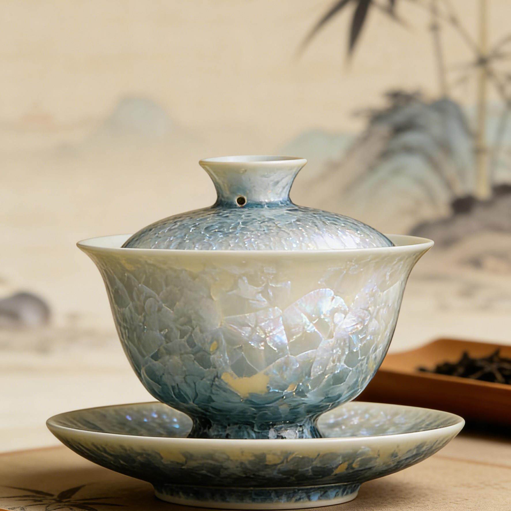 新中式柴烧窑变结晶釉陶瓷泡茶盖碗茶具茶器茶壶送长辈茶杯礼盒装