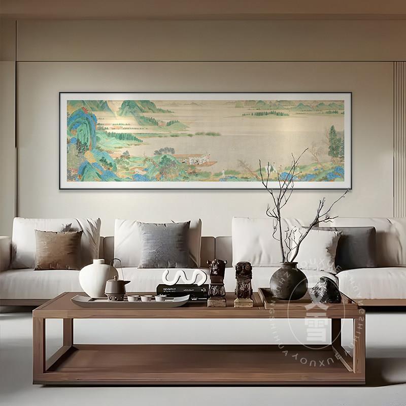 新中式客厅装饰画茶室背景墙挂画书房古典国画横幅壁画山水画挂画