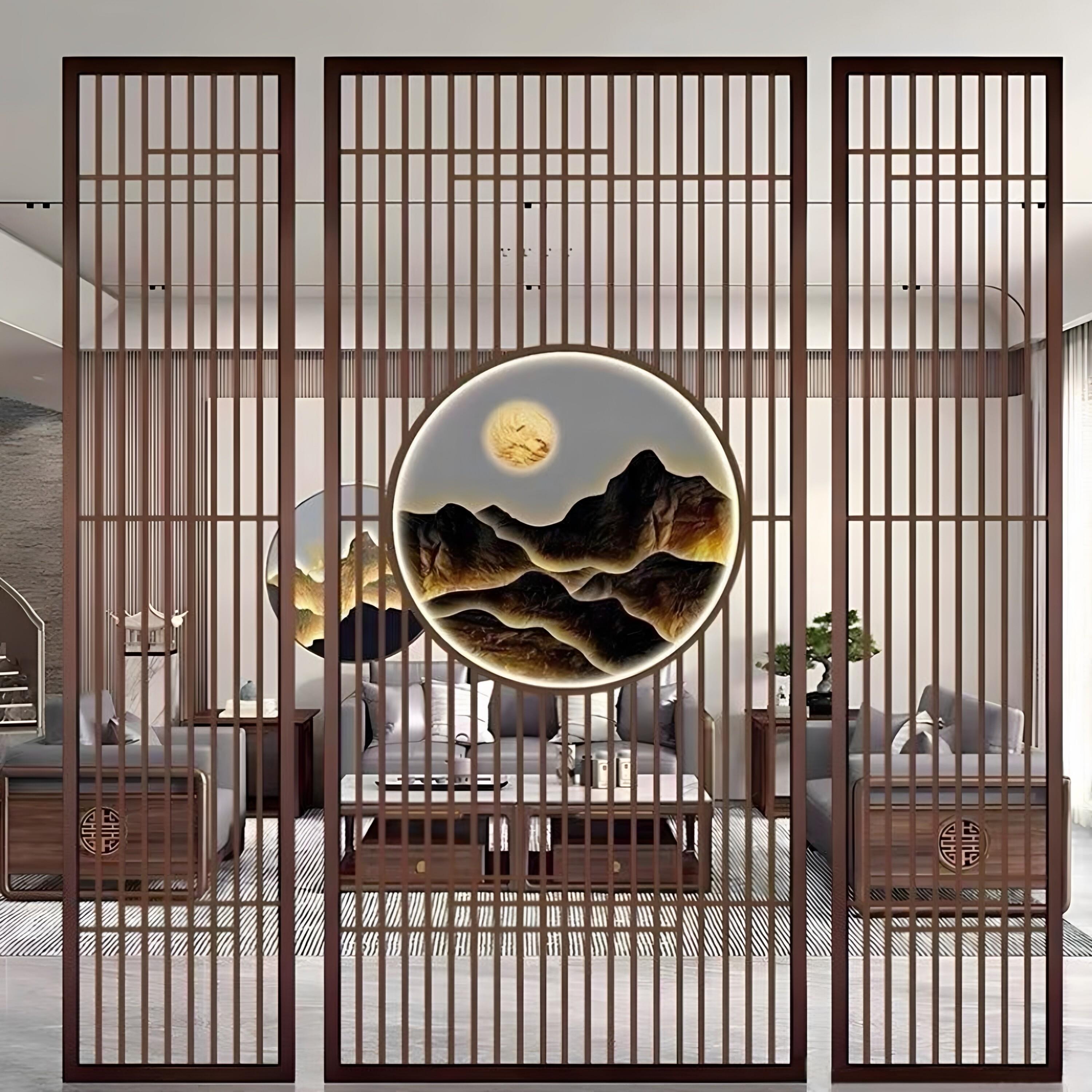 铁艺隔断屏风新中式客厅入户门玄关办公室饭厅不锈钢艺术玻璃装饰