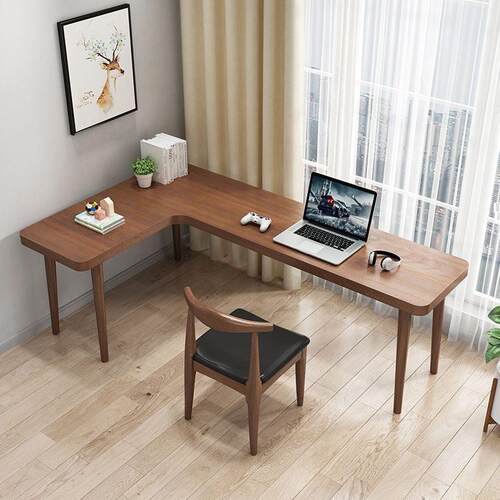 实木转角书桌书架组合家用L型角落电脑桌书房