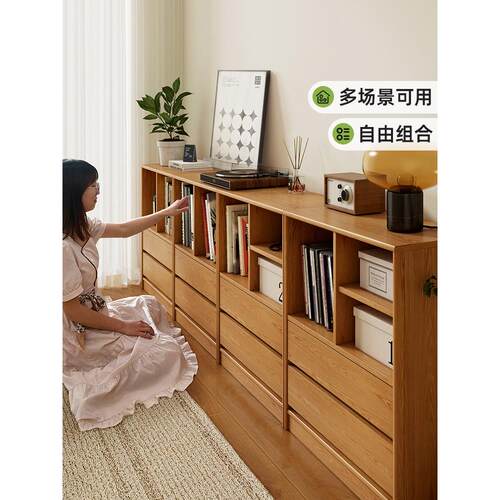 矮书柜实木落地家用组合收纳柜一体靠墙储物柜客厅矮柜展示柜书架