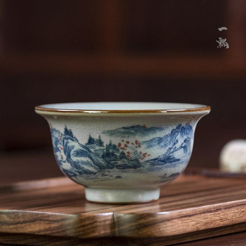 景德镇老陶泥手工青花山水主人杯陶瓷功夫茶具手绘茶杯品茗杯单杯