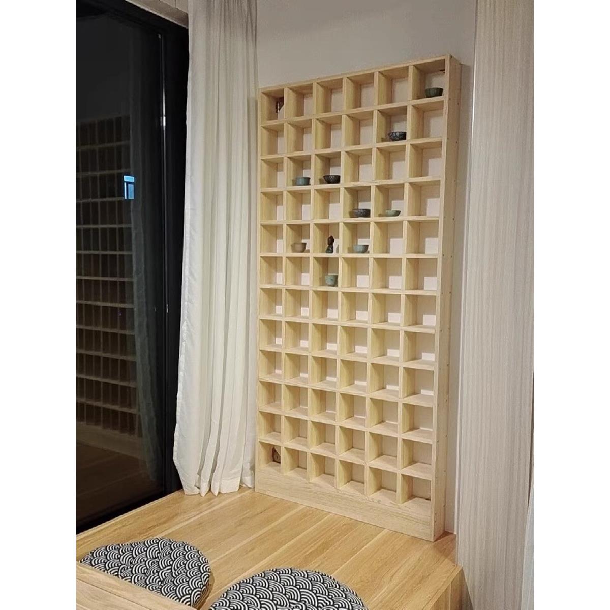 定制实木格纹货架墙储物架茶杯茶壶展示架创意双宝格纹货架