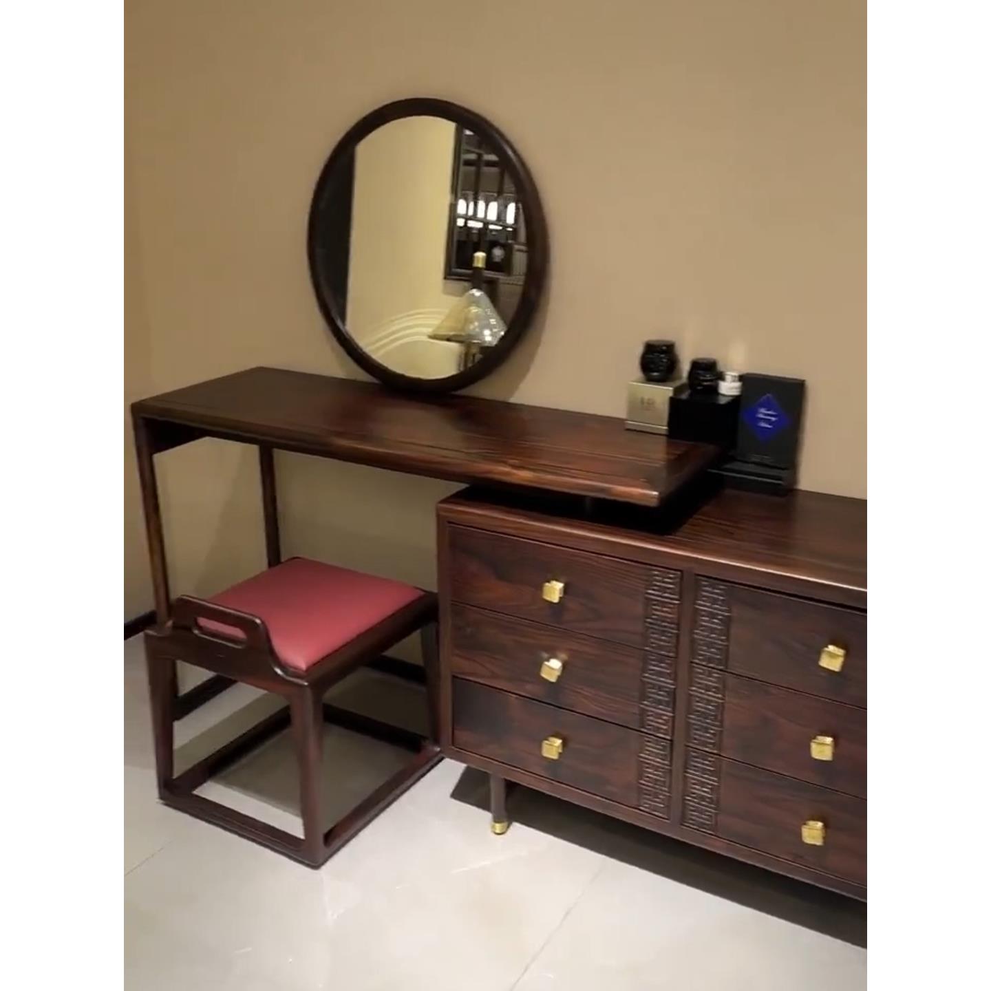 新中式实木覆古现代家庭电脑桌梳妆台卧室黑金木梳梳妆台与橱柜一