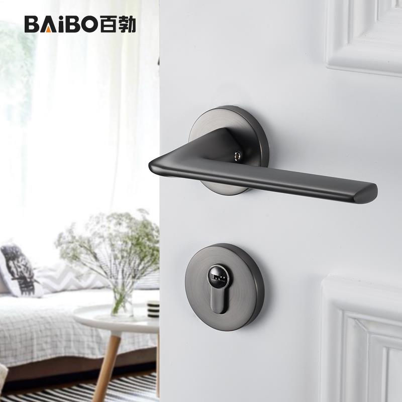 门锁室内两件式套装现代家用卧室房门把手黑灰色锁具磁吸静音木门