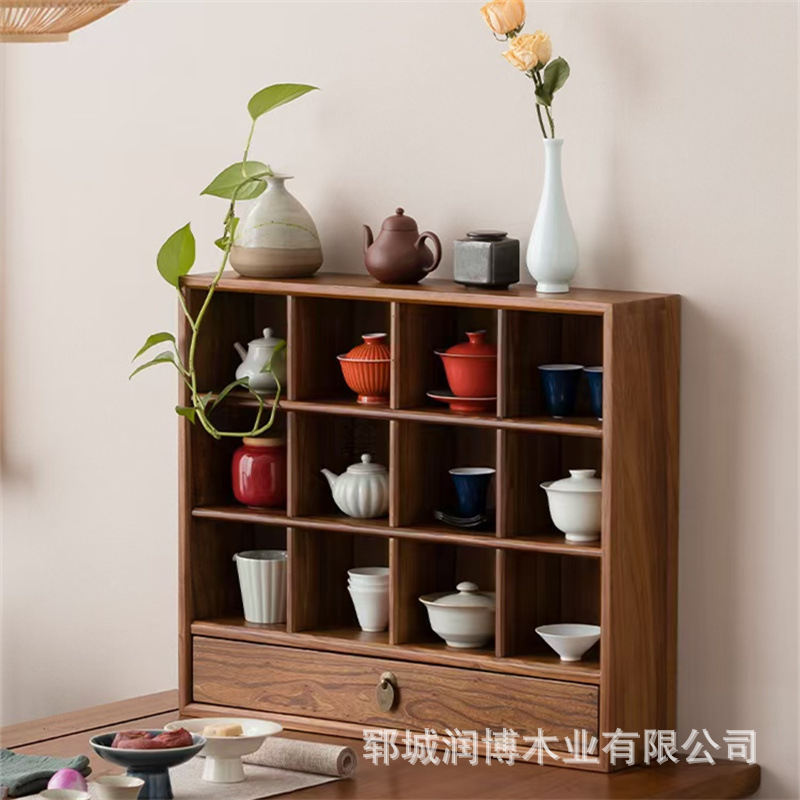 老榆木杯架茶具展示柜多格置物架茶桌收纳柜子格子架实木茶杯架