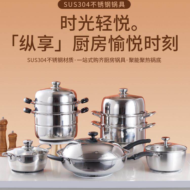 节能翅片炒锅食品级304不锈钢家用多层加厚蒸锅速热高效汤锅奶锅