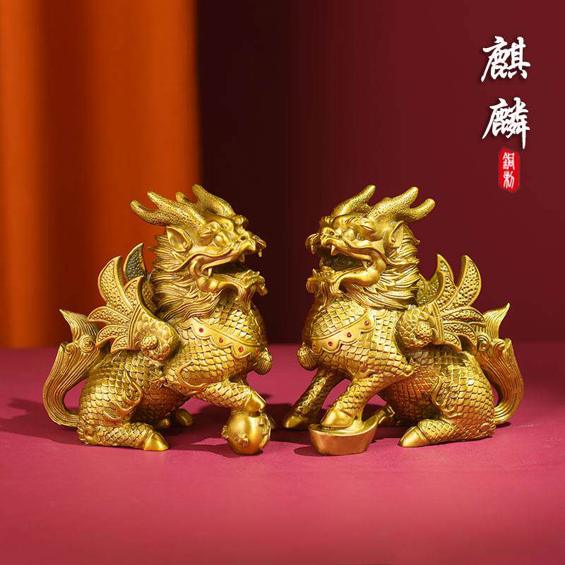 纯铜麒麟摆件一对八方来财镇宅八卦麒麟家居办公室客厅工艺品摆饰