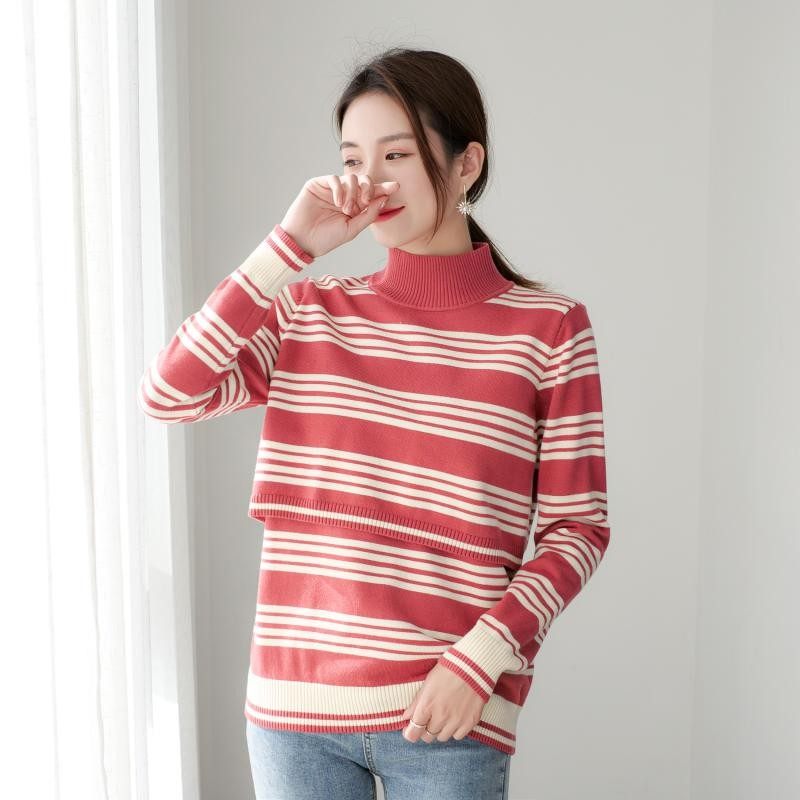 复古条纹~秋冬哺乳衣外出辣妈款女装产后月子服潮妈毛衣喂奶上衣
