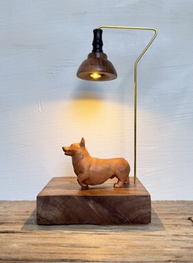 木雕狗狗柯基木质木制桌面创意礼品礼物原木风实木小夜灯装饰摆件