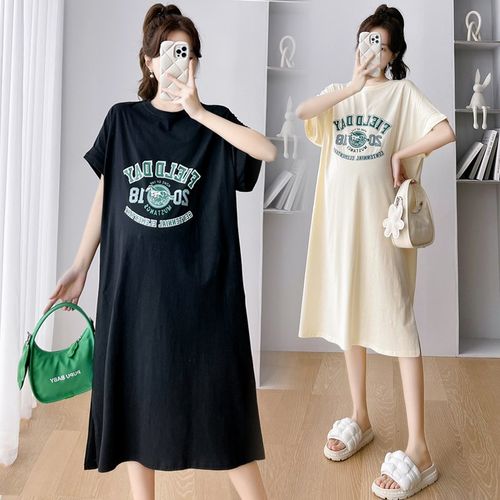 超大码孕妇连衣裙夏装中长款宽松纯棉短袖t恤裙300开叉减龄200斤