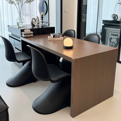 意式极简木纹岩板岛台餐桌一体可伸缩家用带水槽定制中导台小户型