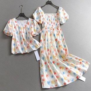 彩色碎花裙独特漂亮掐腰方领褶皱法式 长裙女裙连衣裙C589 泡泡短袖