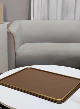 中式极简金属皮革托盘摆件家居客厅茶几桌面收纳茶盘样板间装饰品