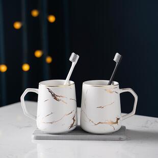 带手柄刷牙杯 轻奢大理石纹漱口杯家用陶瓷大容量洗漱杯子情侣套装