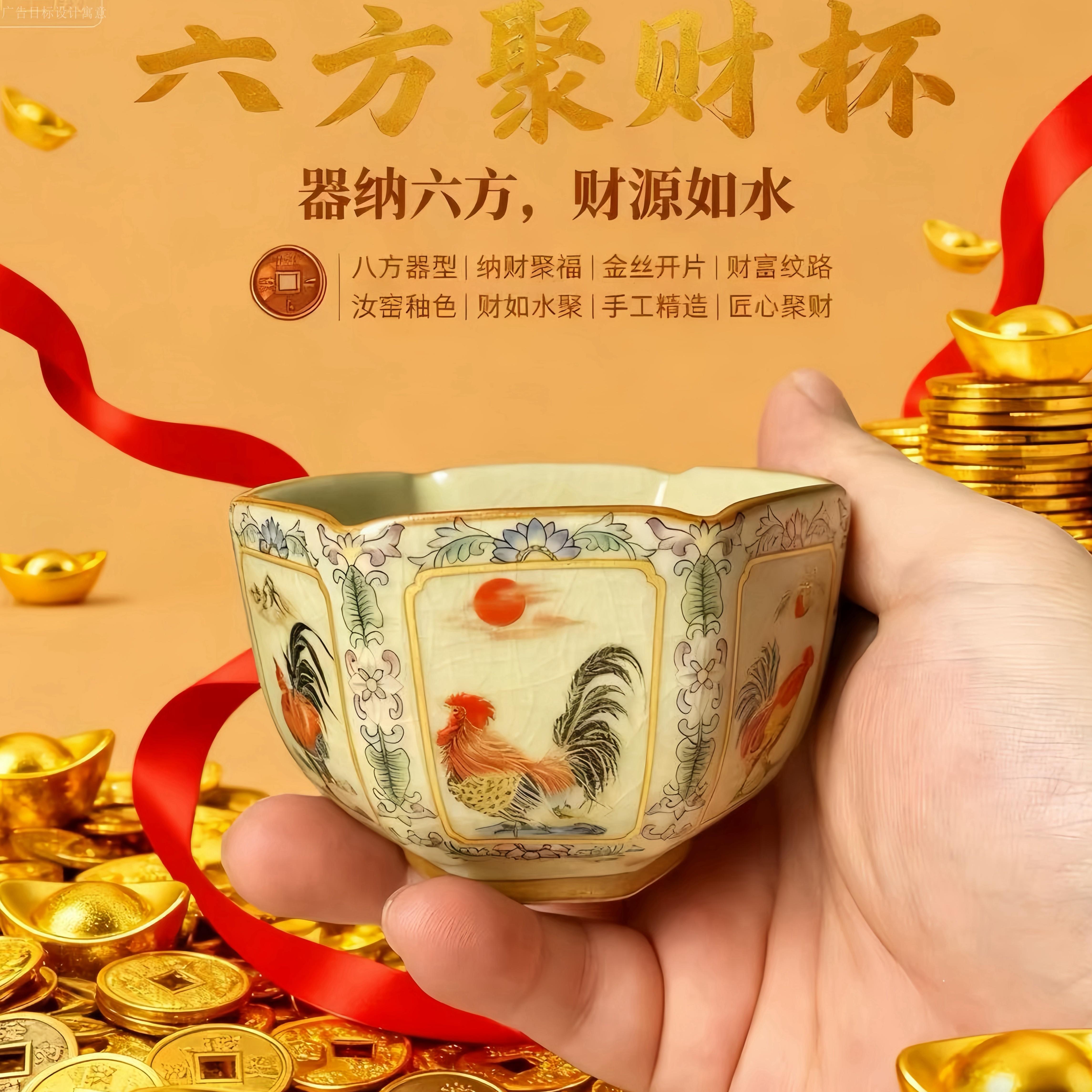 汝窑开片六方杯大公鸡珐琅彩招财主人杯家用陶瓷功夫茶具茶杯单杯