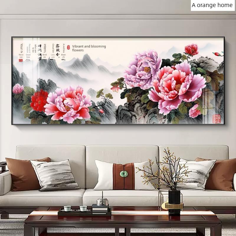 盛开的财富装饰画客厅沙发背景墙挂画办公室牡丹花旗水晶瓷壁画中