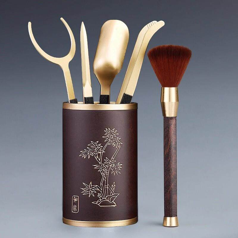 唐丰茶道六君子套装功夫茶具配件黄铜茶夹茶匙黑檀养壶笔泡茶工具