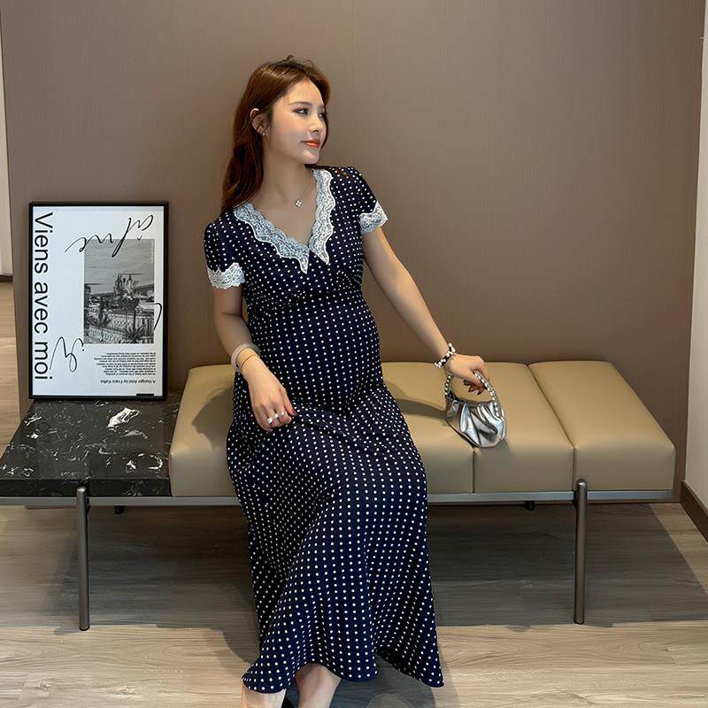 UMI孕妇装夏季新款纯欲蕾丝V领高级感花边短袖波点茶歇度假洋装
