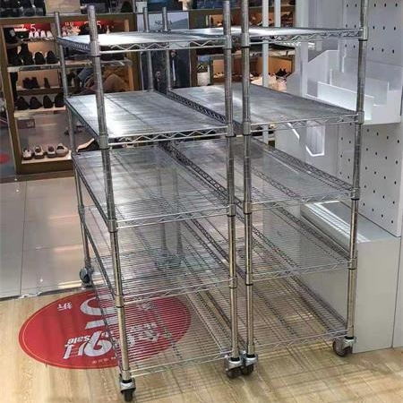 货架不锈钢仓库镀铬置物镂空架防静电物料家用推T车带轮移动展示