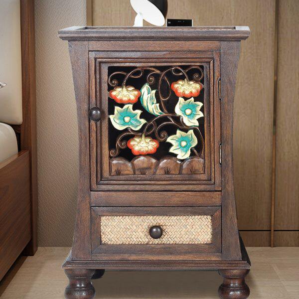 床头柜2023年新款现代简约卧室边柜中式藤编实木创意小型床边柜子