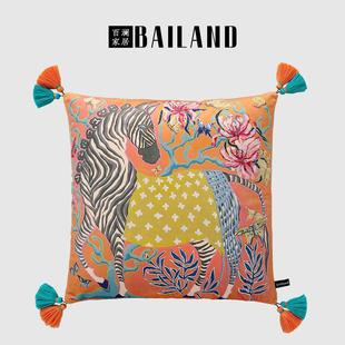 百澜家居YH043新中式 丝绒桔色马抱枕靠包床头沙发靠垫客厅抱枕套