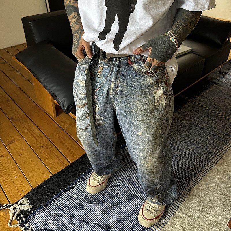 白鹤大大美e式休闲水洗锁链印花直筒阔腿裤男泥染立体拖地牛仔裤