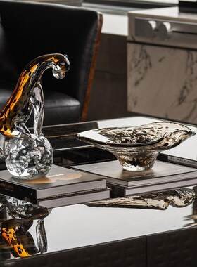 意式轻奢高档f水晶琉璃玻璃豹子摆件样板房客厅餐厅高档果盘果篮