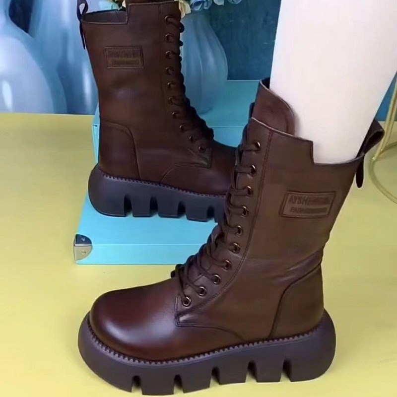 中筒马丁靴女英伦风厚o底松糕底头层牛皮女靴羊毛棉鞋复古真皮短