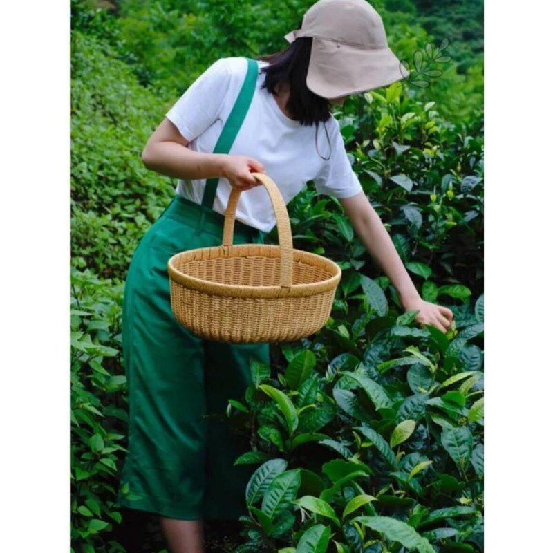 手提篮春a游户外野餐藤编露营竹编菜篮编织篮采摘篮子采茶篮水果