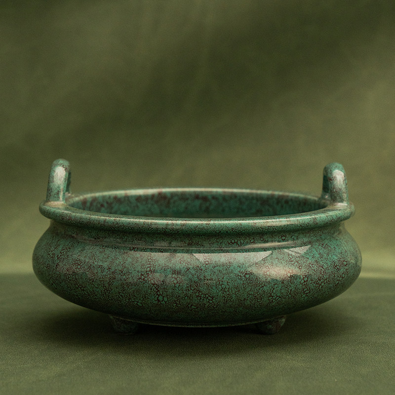 清代炉钧釉双耳三足香炉老物件文玩古董瓷器收藏客厅桌面摆件香炉