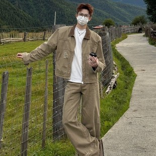 美式 磨破微喇牛仔裤 街头复古潮 卡其灯芯翻领牛仔套装 孙聖云啊雲