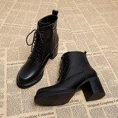 2024年新款 甜酷秋冬款 高跟女鞋 B粗跟中跟加绒短靴女百搭马丁靴单