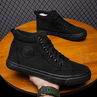 男鞋 系带学生鞋 2023夏秋季 高帮马丁靴子男靴韩版 潮 新款 黑色帆布鞋