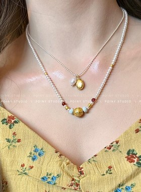 新中式复古珍珠串珠项链女小众设计高级感气质配饰毛衣链锁骨链