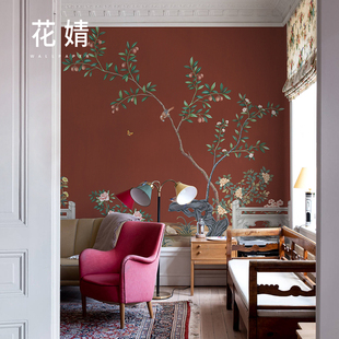 花鸟壁纸中法式餐厅民宿背景墙纸壁画定制卧室酒店客房无纺布墙布